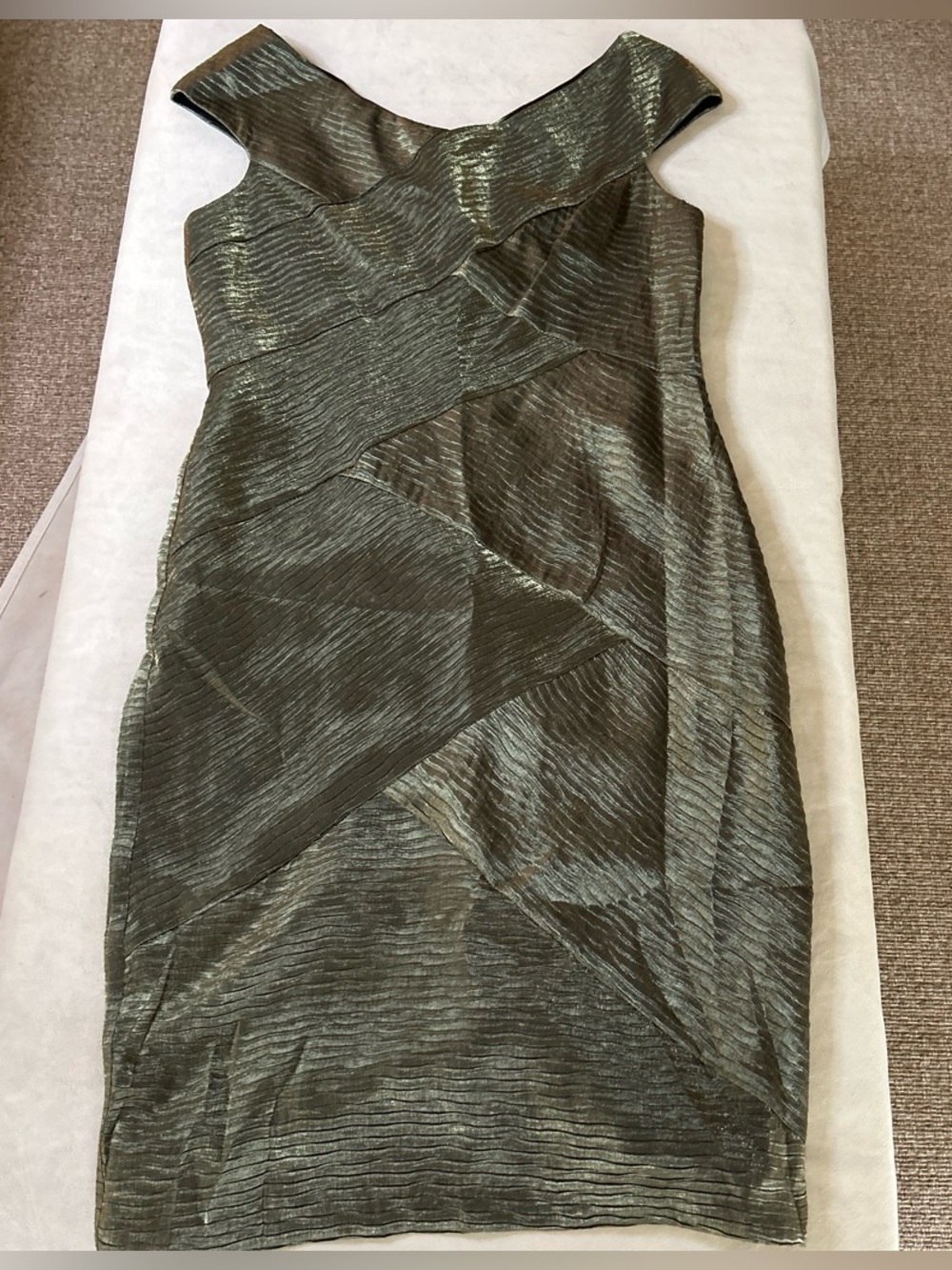 London Times One-Shoulder Olive Metallic Cocktail Dress
